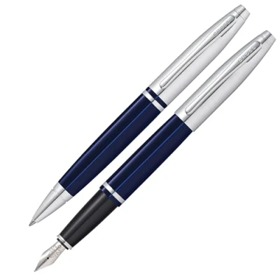 Afbeelding van Cross Calais balpen en vulpen cadeauset (streep of pendikte M, schrijfkleur zwart) Blauw lak chroom