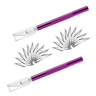 Afbeelding van Precisiemessenset, 2 knutselmessen met 20 reservemesjes, hobbymes, scalpel voor gereedschap, knutselwerk, paars