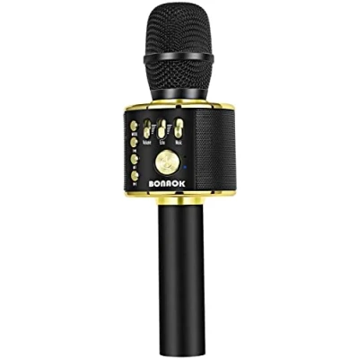 Afbeelding van BONAOK Draadloze Bluetooth Karaoke Microfoon, 3 in 1 Draagbare Handbediend Microfoon Kind, Verjaardagscadeau Huis feest Apparatuur voor iPhone, Android, PC（Zwart Goud）