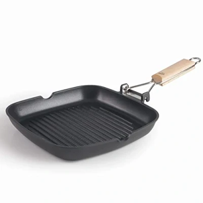Afbeelding van Lacor 25144 grillpan SUA van gegroefd aluminium, 100% PFOA vrij, tweelaags, inklapbare handgreep eiken, volledige inductie, geschikt voor 24 x 3,7 cm, zwart