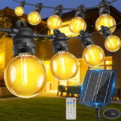 Afbeelding van Bowfar Lichtsnoer voor buiten, 15 m, 25 + 2 G40 gloeilampen, lichtketting op zonne energie, met afstandsbediening, IP68 weerbestendig, 8 modi,