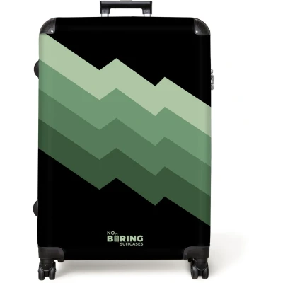 Afbeelding van NoBoringSuitcases.com® Koffer groot Reiskoffer lichtgewicht Zwarte achtergrond met trapsgewijze groene zigzagbanen Rolkoffer 4 wielen Grote trolley XL 98 liter bagage