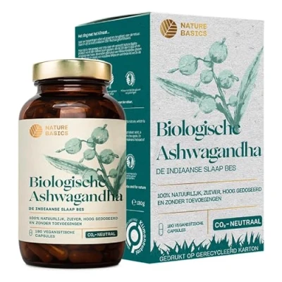 Afbeelding van Nature Basics® BIO Ashwagandha duurzaam in een potje 180 capsules hoog gedoseerd &amp; puur 600mg per capsule 1.800mg dagelijkse dosis Ayurveda voedingssupplement CO2 neutraal