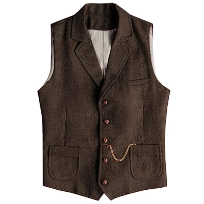 Afbeelding van AeoTeokey Heren Western Herringbone Tweed Suit Vest Wol Slim Fit Vest, Koffie, L