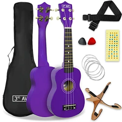 Afbeelding van 3rd Avenue sopraan ukulele 21 inch, beginnerspakket Tas, statief, ukeleleband, snaren, plectrums en fretstickers paars