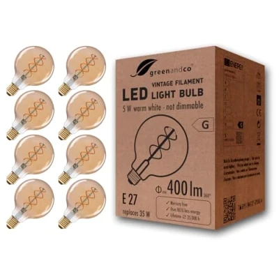 Afbeelding van 8x greenandco® Vintage gloeilamp amber E27 G95 5W 400lm 2000K extra warm wit 360 230V flikkervrij, niet dimbaar