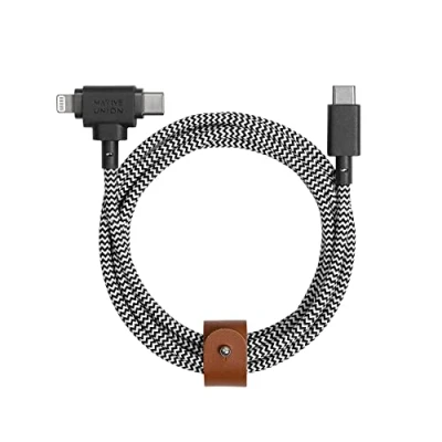 Afbeelding van Native Union Belt Cable Duo 1,5 m zeer sterke, gevlochten en universele laadkabel 2 in 1 MFi gecertificeerde connectoren voor meerdere Lightning Type C apparaten (Zebra)