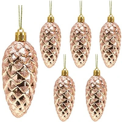 Afbeelding van Christmas Concepts® Pack van 6 90mm (3.6&quot;) dennenappel kerstballen Glanzend en glitter gedecoreerd Luxe kerstversieringen (rosé goud)