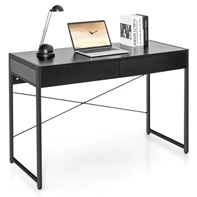 Afbeelding van COSTWAY bureau, computertafel met 2 laden, klein metaal, industrieel design, pc tafel voor werkkamer, thuiskantoor, kantoor, 112 x 48 76 cm (zwart)