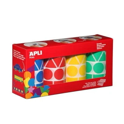 Afbeelding van Apli Kids stickers XL, doos met 4 rollen in kleuren en vormen (blauw, rood, geel groen)