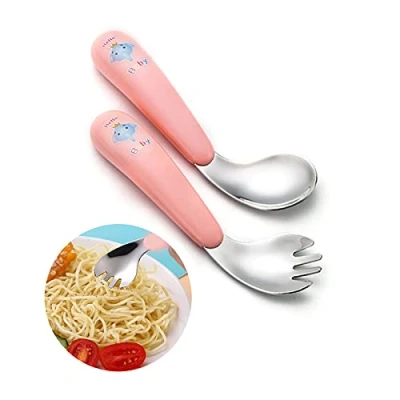 Afbeelding van Kinderbestekset, gebogen handgreep, training, lepelvorken, roestvrij staal, babylepel, vork, eetlepel, set, handvat, hittebestendig, zelflerende leerlepel (roze)