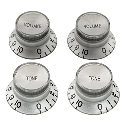 Afbeelding van Musiclily Pro Metrisch 18 Tandjes 2 Volume Toon Gitaarknop Belmodel voor Double Cut stijl Elektrische Gitaar, Zilver met Top (4 Stuks)