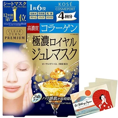 Afbeelding van Kose Clear Turn Premium Royal Jure Facial Mask, 4 Pieces, Collagen, Traditional Blotting Paper Set
