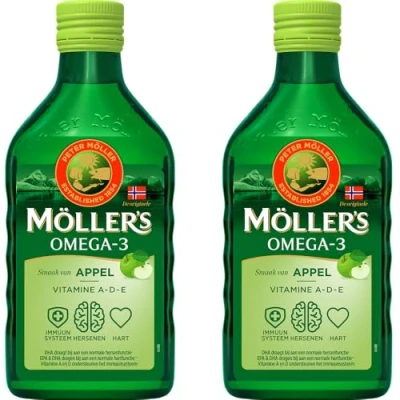 Afbeelding van Möller’s Omega 3 Levertraan appel 2 x 250ml visolie vloeibaar met smaak van