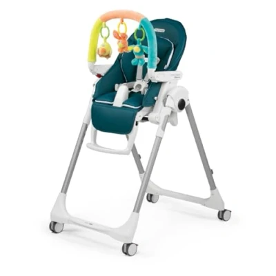Afbeelding van Peg Perego Prima Pappa Follow Me Plus kinderstoel en babywip, vanaf de geboorte, in hoogte verstelbaar, 4 wielen, speelstang, dubbele plank, bekleding van kunstleer, compacte sluiting, petrol