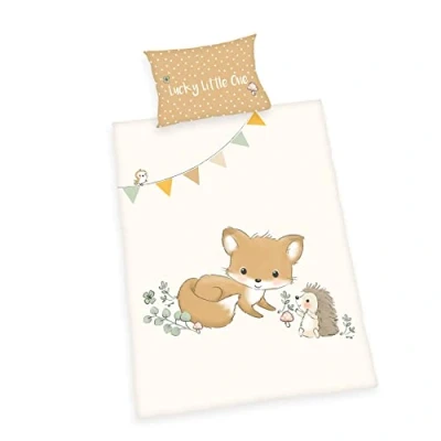 Afbeelding van Herding Forest Friends Beddengoedset, groen gemaakt door OEKO TEX, kussensloop ca. 40 x 60 cm, dekbedovertrek 135 100 met knoopsluiting, 100% katoen/flanel, wit/bruin
