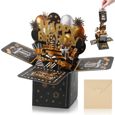 Afbeelding van verjaardagskaart, 3D verjaardagskaarten met muziek, licht en uitblaasbare kaars, Happy Birthday pop up cake, doe het zelf leeftijd cadeaus voor echtgenoten, mannen,