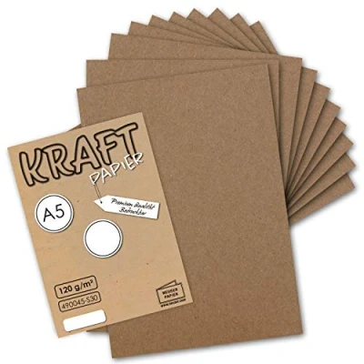 Afbeelding van 50 vellen, vintage kraftpapier, DIN A5, 120 g/m², bruin gerecycled papier, 21 x 14,8 cm, ecologische enveloppen, briefpapier, vellen NEUSER PAPIER