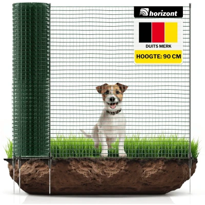 Afbeelding van horizont omheiningsnet FIX, mobiel hek 15 m lang &amp; 90 cm hoog, fijnmazig, 9 palen, bescherming voor perken, tuinnet, ideaal kamperen, hondenhek, afsluithek, tuin, huis, erf