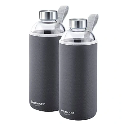 Afbeelding van Drinkflessenset, 2 glazen drinkflessen met opdruk, incl. 1 beschermhoes, 1000 ml, glas/silicone/rubber, BPA vrij, Viva, antraciet/zilver/helder