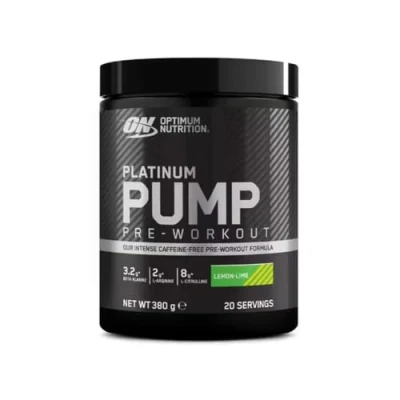 Afbeelding van Optimum Nutrition ON Platinum PUMP Pre Workout, Intens Cafeïnevrij Workout Voedingssupplement met Fruitflow, Beta Alanine, L Arginine, Citrulline, Citroen limoensmaak, 20 porties, 380 g