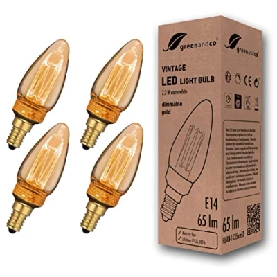 Afbeelding van 4 stuks greenandco® dimbare Vintage Design LED lamp in retro stijl voor sfeerverlichting E14 C35 Edison lamp, 2,3W 65lm 1800K extra warm wit 320 230V flikkervrij