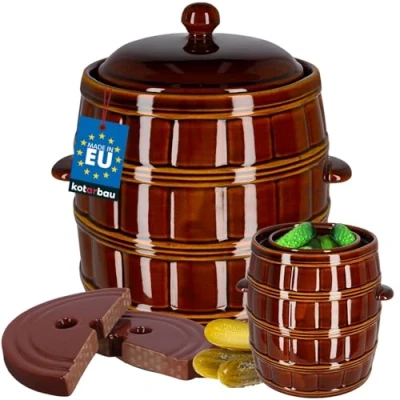 Afbeelding van KOTARBAU® Fermentatiepot, 16 liter, aardewerk pot met deksel en verzwaringssteen, hermetisch zuurkoolpot, komkommerpot, aardewerk, bruin