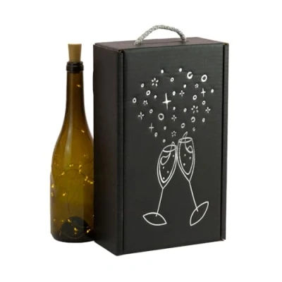 Afbeelding van ONLY BOXES Dozen voor 2 wijnflessen, geschenkdoos, verpakking van 4 stuks, elegant etui flessen met handvat, gerecycled karton, bedrukt zilveren glazen