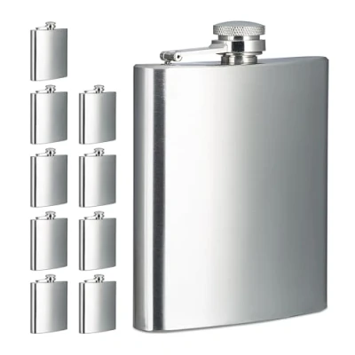 Afbeelding van Relaxdays heupfles, set van 10, 200 ml, voor onderweg, relatiegeschenk, platvink jaszakken, heupflacon rvs, zilver