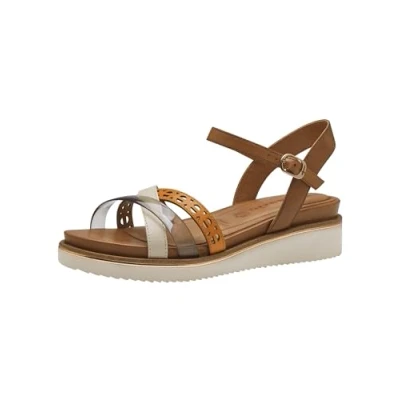 Afbeelding van Tamaris Sandalen met plateauzool, Dames, Maat: 36, Cognac comb Leer/ synthetisch