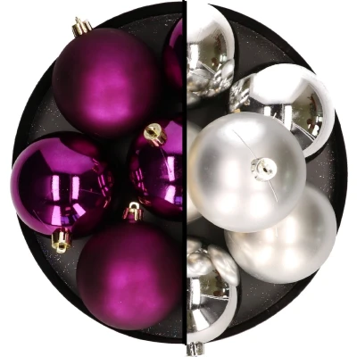 Afbeelding van Decoris kerstballen 12x st 8 cm zilver en paars kunststof Kerstbal