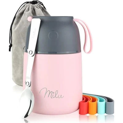 Afbeelding van Milu® Thermocontainer, 450 ml, 650 roestvrij staal, warmhoudcontainer, voedselcontainer, babyvoeding, container om eten warm te houden, thermische lunchbox, muesli to go, roze, ml