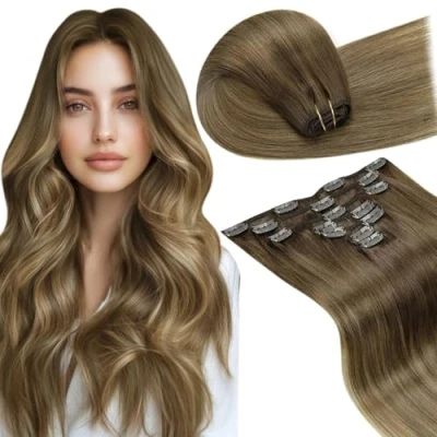 Afbeelding van LaaVoo Clip in Hair Extensions Human 7pcs 120g 18Inch Bruine Schaduwen aan Lichtbruin Haar Extensies Remy Naadloze Dubbele Schuft Haarextensies #6/8/14
