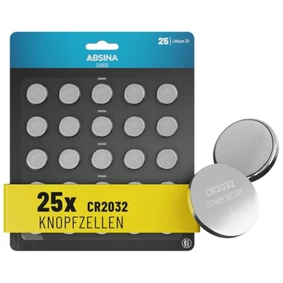 Afbeelding van ABSINA CR2032 knoopcellen 3V 25 stuks Batterijen lekvrij en met lange houdbaarheid CR 2032, 2032 lithium batterijen, knoopcel voor autosluitingen enz