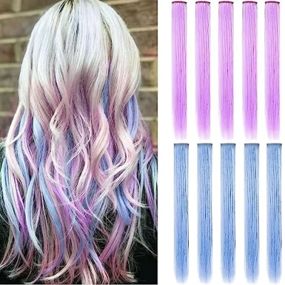 Afbeelding van LVSHANGMAO Multicolors Party Highlights Steil haar Gekleurde clip in synthetische haarextensies meerdere kleuren 8PCS Hittebestendig lang haarstukje (lichtblauw lichtpaars)