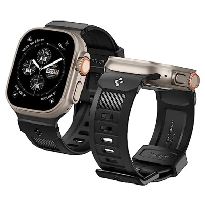 Afbeelding van Spigen Rugged Band Bandje Compatibel met Apple Watch Ultra 2 / 49mm, Serie 9/8/7 45mm, SE2/6/SE/5/4 44mm en 3/2/1 42mm Strap Zwart