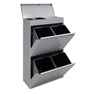 Afbeelding van Arregui Top CR622 B Vuilnisemmer van staal, 2 emmers, met deksel en bovenste plank, lichtgrijs, 97,5 x 58,6 24,4 cm