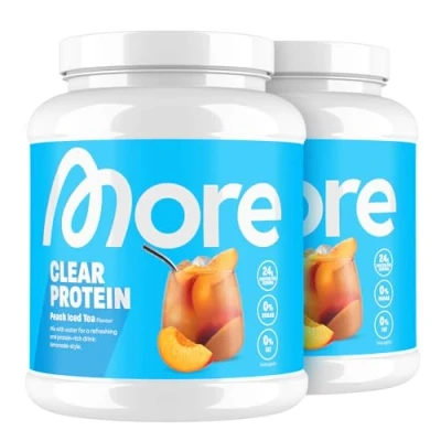 Afbeelding van MORE Clear Protein Wei Isolaat Poeder, Peach Iced Tea, 2 x 600 g, 40 Porties Lactosevrij Poeder voor Spieropbouw en Herstel, Gemaakt in Duitsland