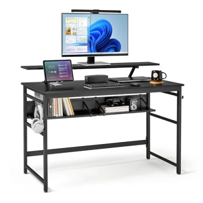 Afbeelding van Mondeer Computerbureau, werkstation schrijfbureau met 2 verstelbare opbergplanken en grote monitorstandaard, ruimtebesparend voor thuiskantoor studio, 120 x 60 90 cm, zwart