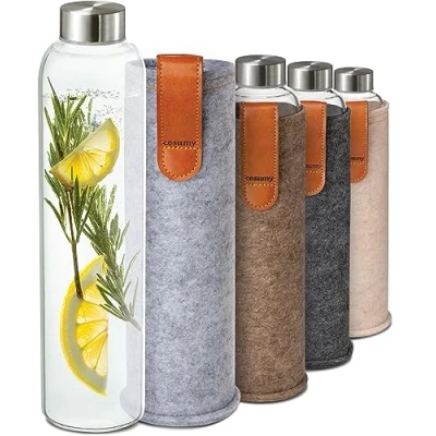 Afbeelding van Glazen Waterfles met Vilt Hoes 750ml Vaatwasserbestendig Lekvrij BPA vrij Geschikt voor koolzuurhoudende dranken (Grijs)