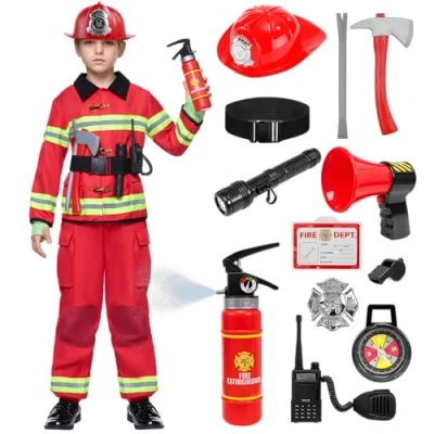 Afbeelding van Spooktacular Creations 8 stuks brandweermankostuum voor kinderen, jongens, brandweerkostuum Halloween verkleedfeesten, brandweerman rollenspel 3T