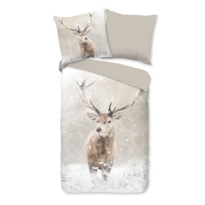 Afbeelding van Flanellen Dekbedovertrek 135x200 cm Herten in Winterlandschap Print Zand 1 Persoons 100% Katoen Flanel