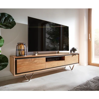 Afbeelding van Lowboard Stonegrace 175 cm Acacia natuur 2 deuren 1 legplank lade steenfineer V voet