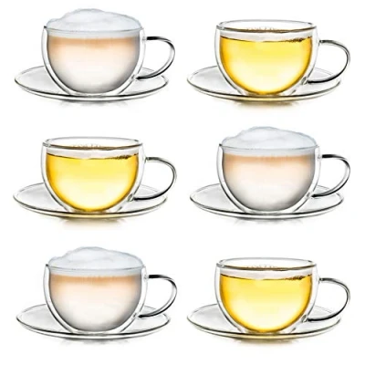 Afbeelding van Creano Thermo kop dubbelwandige thee/latte macchiato cappuccino cup met onderzetter 250ml, set van 6