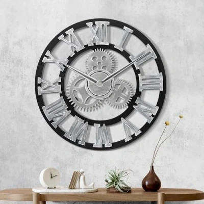 Afbeelding van Lafocuse Stille Retro Houten Zilveren Industriele Grote Wandklok met Tandwielen Vintage 58 cm Romeinse Cijfers Muurklok voor Woonkamer Slaapkamer Bar