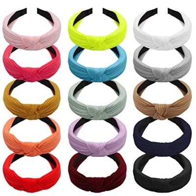 Afbeelding van Belle Vous Brede Top Cross Knot Tulband Hoofdbanden (15 Pak) Gewoon Geknoopte Elastieken Boho Hoofdband Haar Accessoires Voor Dames en Meisjes 15 Kleuren