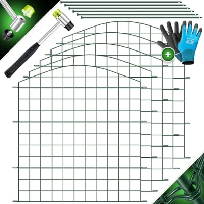 Afbeelding van KESSER® Vijverhek tuinhek steekhek complete set metaal 5 hekelementen incl. hamer 6 bevestigingsstaven, omheining om in te steken voor de tuin, bocht rond gaas hek buitenren honden