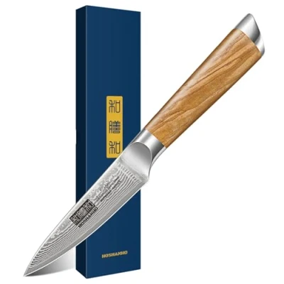 Afbeelding van HOSHANHO Schilmes 9,5 cm, groente en fruitmes, professioneel 67 lagen Damascus roestvrij staal ergonomische greep