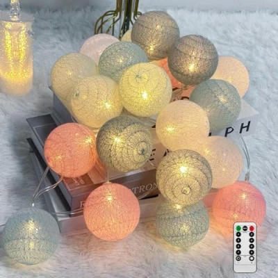 Afbeelding van Ciskotu Katoenen bollen lichtsnoer, 20 leds, USB, dimbaar, met afstandsbediening en timer, led bollen, lichtketting voor kinderkamer, Kerstmis, bruiloft, feest (macaron)