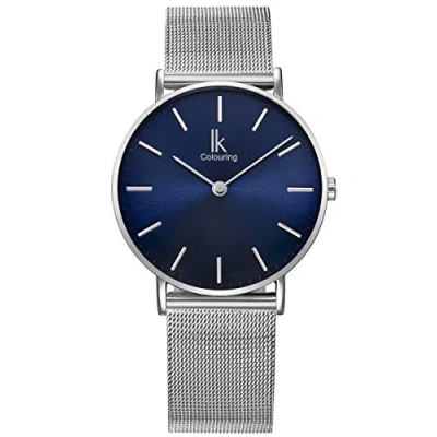 Afbeelding van Alienwork Navy Blue Horloge Heren Dames Zilver Mesh Armband Blauw Ultradun